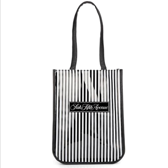 Saks Fifth Avenue EUC striped reusable tote bag small black white vinyl shiny - Picture 1 of 17